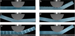 A novel movement mechanism – a tiny distortion that initiates a large movement. The microstructures determine how the macroscopic properties of the material will react to different environmental stimuli, such as being pressed or stretched. Here we see a variety of responses by different materials to being pushed on 
