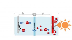 בתרשים הראשון מודגם התקן פוטו-אלקטרוכימי קונבנציונלי, שבו מפרידה ממברנה בין שני התוצרים (חמצן מימין, מימן משמאל).