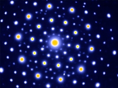 גלקסיה. דיפרקצית אלקטרונים בעלת סימטריה סיבובית מחומשת מן הפאזה האיקוסהדרלית.  צולם באמצעות מיקרוסקופ אלקטרונים חודר. פרופ' המחקר של דן שכטמן הפקולטה למדע והנדסה של חומרים