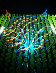 Applying a magnetic field on a disordered nanometric structure. The measurement is carried out on a nanometric scale using the photonic spin Hall effect―measuring the photons’ split spins scattered from the structure using ‘weak measurement’. The spinning tops (blue and red) present the spin up and spin down of the photons. (Credit: *Ella Maru Studio)