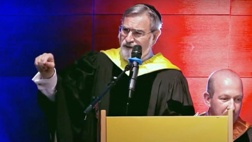 Rabbi Sacks addresses the Honorary Doctorate Award Ceremony in 2018 