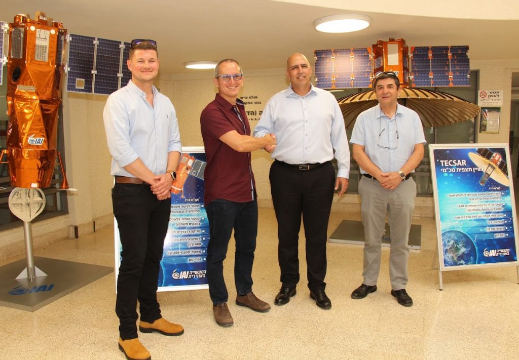 l-r: Niko Adamsky, Prof. Tal Shima , VP and GM of IAI's Space Division Shlomi Sudri, and Prof. Gil Yudilevich Dean of the faculty of Aerospace Engineering. Credit: Mark Goldman, Technion communications office.