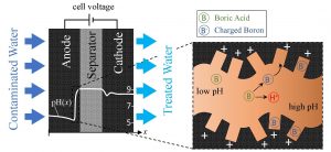 Schematic demonstrating boron removal by a capacitive deionization (CDI) cell.