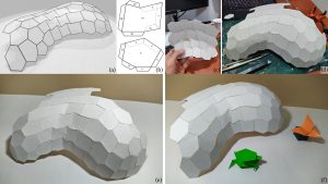 Fabrication of one of the models from construction paper. (a) Planar hexagonal mesh, (b) 2D face templates for cutting, (c-d) intermediate and (e-f) final constructions