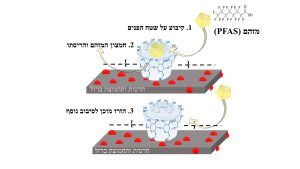 איור: אופן פעולת המערכת. 1. הרחקת המזהמים מהמים וקיבועם על שטח הפנים של השילוב פולימר-חרסית. 2. חמצון המזהמים ליצירת חומרים לא רעילים (מים, חמצן דו-פחמני ויוני פלואור) 3. המצע מתרענן, ובסוף תהליך החמצון אפשר להתחיל סבב סילוק ופירוק חדש.