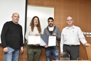 From right to left: Prof. Yoed Tsur, student Aviad Navon, Barbara Sella and Zvi Lando 