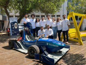 The Formula Technion Team. From R-L, standing: Itamar Ventura, Keren Grinberg, Sharon Goldstein, Muans Omari, Doron Shpigel, Dima Abu Romi, Ayham Abu Eid and Ahmad Rabi. Bottom: Salman Abdalla, Oriel Mizrahi.