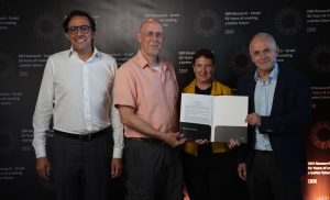 Pictured left to right: Senior Vice President and Director of IBM Research, Dr. Dario Gil; Executive Vice President for Research of the Technion, Prof. Koby Rubinstein; Vice President AI and Director of IBM Research Lab in Israel, Dr. Aya Soffer; and President of the Hebrew University of Jerusalem, Prof. Asher Cohen Credit : Daniel Elior