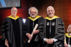 Prof. Anton Zeilinger receiving the honorary doctorate from President of the Technion Prof. Uri Sivan and Executive Vice President for Research Prof. Koby Rubinstein
