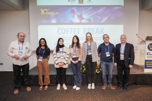 R-L: Prof. David Pinsky, Prof. Peleg Hasson, winning students Anna Kaganovsky, Lama Awwad, Janan Abd Elkhalik and Meera Krishnamoorthy, and Prof. Avi Levy