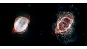 בתמונה: שני מבטים על הגז בערפילית הטבעת הדרומית. SCIENCE: NASA, ESA, CSA, STScI, Orsola De Marco (Macquarie University); IMAGE PROCESSING: Joseph DePasquale (STScI)