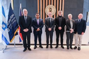 L-R: Technion President Prof. Uri Sivan; Lord (Tariq) Ahmad of Wimbledon, Minister of State for the Middle East; UK Ambassador to Israel Mr. Neil Wigan; Prof. Hossam Haick; Prof. Adi Salzberg, Vice President for Diversity and Inclusion; Prof. Wayne Kaplan, Vice President for External Relations and Resource Development