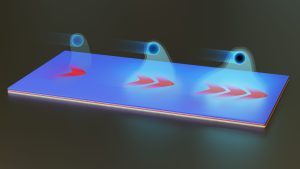 Illustration of the experiment carried out at the Technion: a single free electron propagates above the special layered structure that the researchers engineered, only a few tens of nanometers above it.