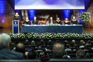 L-R: Technion President Prof. Uri Sivan, Dean of the Schulich Faculty of Chemistry Prof. Noam Adir, Chairman of the Board of Governors Mr. Scott Leemaster, Chairman of the Council Mr. Gideon Frank, Senior Executive VP Prof. Oded Rabinovitch, Executive VP for Academic Affairs Prof. Naama Brenner, Dean of the Graduate School Prof. Uri Peskin