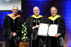 Technion President Prof. Uri Sivan and Senior Executive VP Prof. Oded Rabinovitch (left) conferring the degree on Stephen Klein