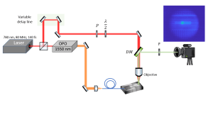 Illustration of the optimal experiment and an actual photograph showing the light within an MMI device – a wave conductor that splits the beam into two inside the optic chip.