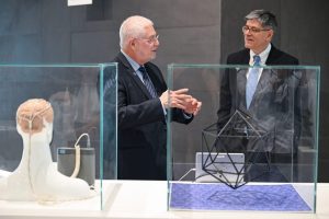 Ambassador Jacob J. Lew looks at the Nano-Bible display at the Technion’s Polak Visitors Center