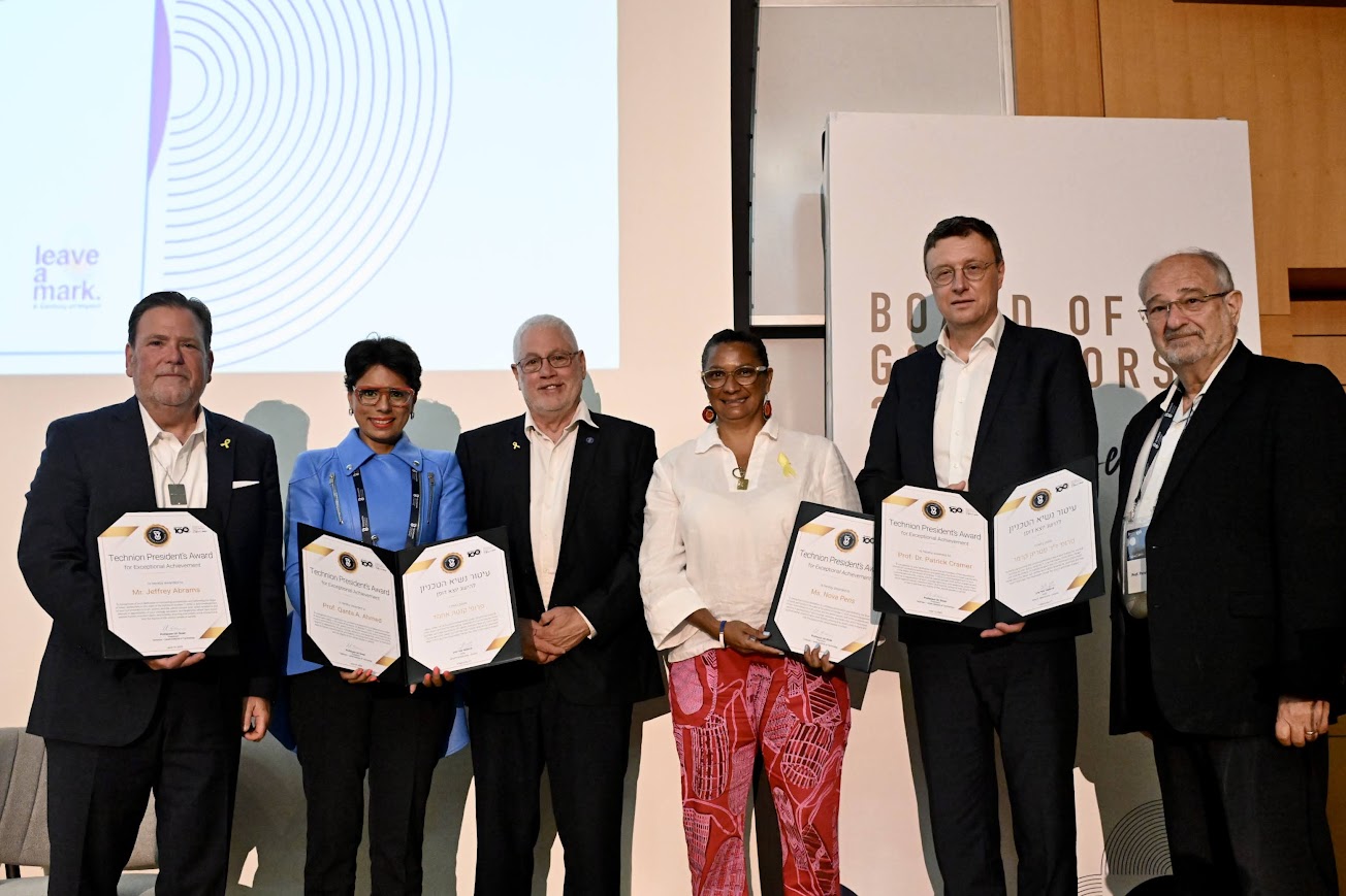 The award recipients with Technion President. From left to right: Attorney Jeff Abrams, Prof. Qanta Ahmed, Prof. Uri Sivan, Nova Peris, Prof. Dr. Patrick Cramer and Prof. Emeritus Peretz Lavie