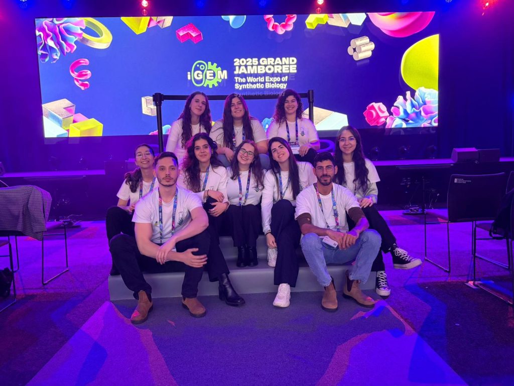 Members of the Technion team — May Ofek (team leader), Elinor Mor, Dekel Gibor, Noam Almog, Lihi Lavidor, Ofry Nothmann, Matilda Kuliminsky, and Roni Vaizer (all from the Faculty of Biotechnology and Food Engineering), Leeyam Bat-El (dual degree in Biomedical Engineering and Physics), and Ofri Leifer (Taub Faculty of Computer Science).