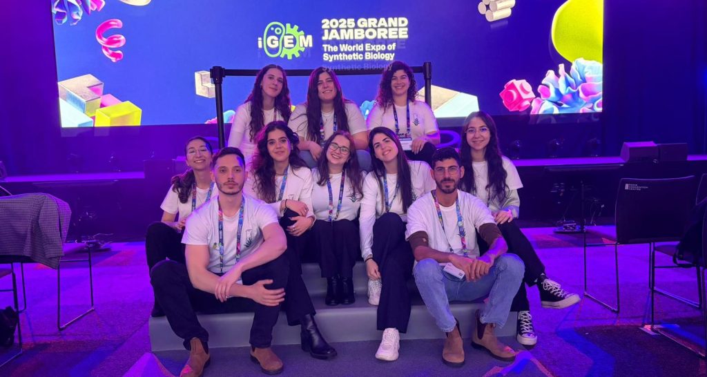 Members of the Technion team — May Ofek (team leader), Elinor Mor, Dekel Gibor, Noam Almog, Lihi Lavidor, Ofry Nothmann, Matilda Kuliminsky, and Roni Vaizer (all from the Faculty of Biotechnology and Food Engineering), Leeyam Bat-El (dual degree in Biomedical Engineering and Physics), and Ofri Leifer (Taub Faculty of Computer Science).