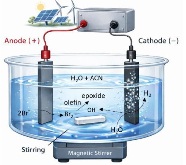 Schematic illustration of the electrosynthesis process producing hydrogen and epoxide