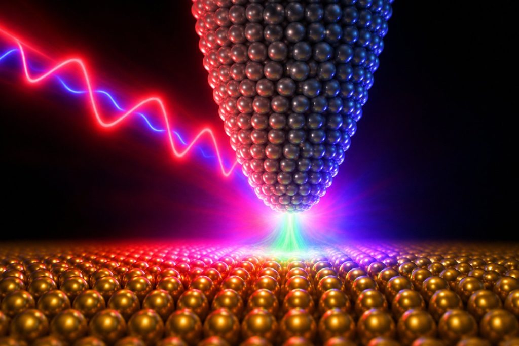 In the illustration Laser pulses from the left (shown in two colors) strike the needle, while electron currents (shown in green) flow between the needle tip and the sample